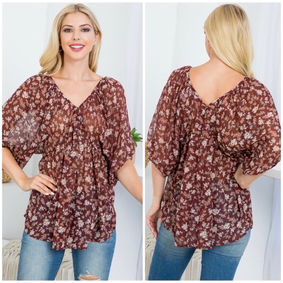 Lovely J Brown Floral V-Neck Semi-Sheer Chiffon Blouses Sz.S - Picture 2 of 3